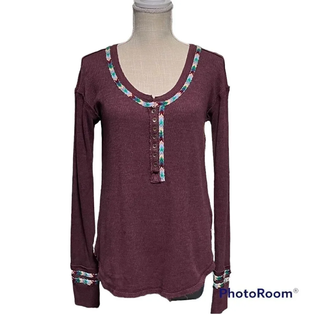 Free People Burgundy Red RAINBOW THERMAL TEE Henley top